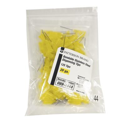 Patterson® Bendable Stainless Steel Dispensing Tips, 20 Gauge, Yellow, Straight, 125/Pkg