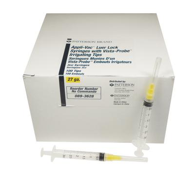 Patterson® Endodontic Syringe with Irrigation Needle, 3 cc Luer Syringe, Closed End Side-Port Needle, 27 Gauge, 1" Needle, Yellow, Disposable, 100/Pkg