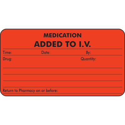 Chart Labels - DDS/MD - Medication Added To I.V., Fluorescent Red, 3-1/4" W x 1-3/4" H, 250/Roll