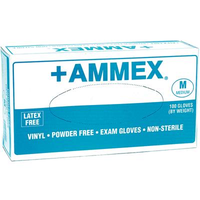 +Ammex Vinyl Exam Gloves, Powder Free, Non-Sterile, Medium, Clear, 100/Box