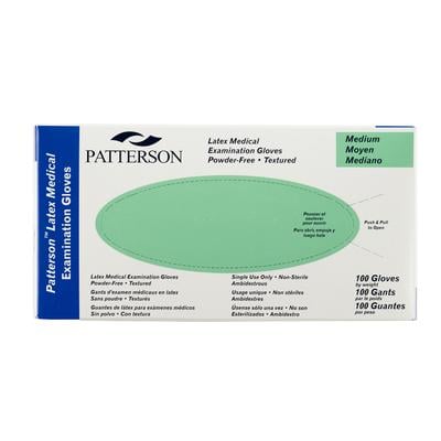 Patterson Latex Exam Gloves, Powder Free, Non-Sterile, Medium (7–7.5), Green Box, 100/Box, 10 Boxes/Case, 07-0886226
