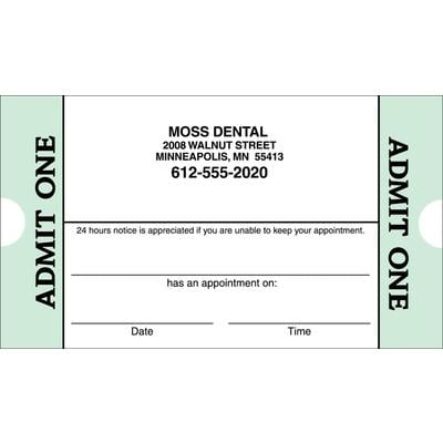 Appointment Card, Admit One, 3-1/2" W x 2" H, Seafoam Green Design, White, 500/Pkg
