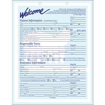 ColorForms™ Toothbrush Patient Information Form, Head to Tail, 2-Sided, Blue, 8-1/2" x 11", 2-Hole Punched, 100/Pkg