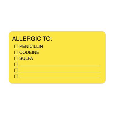 Chart Labels - DDS/MD - Allergic To, Fluorescent Yellow, 3-1/4" W x 1-3/4" H, 500/Roll