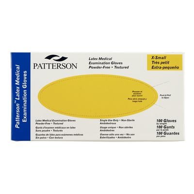 Patterson Latex Exam Gloves, Powder Free, Non-Sterile, Extra Small (5-5.5), Yellow Box, 100/Box, 10 Boxes/Case
