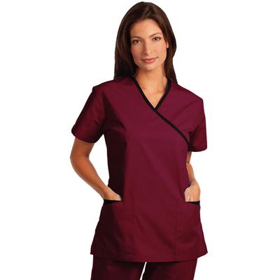 Fashion Seal Healthcare® Ladies' Cross-Over Tunic with Contrasting Trim, Burgundy/Black, 65% Polyester/35% Cotton, Extra Large