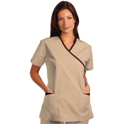 Fashion Seal Healthcare® Ladies' Cross-Over Tunic with Contrasting Trim, Tan/Chocolate, Extra Large, 65% Polyester/35% Cotton