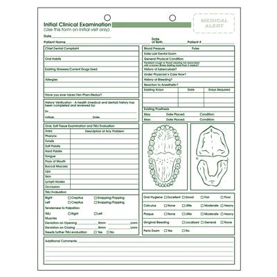 Dental Initial Clinical Exam Forms, 8-1/2" x 11", 2-Sided, Green Design, 2-Hole Punched, 100/Pkg, 110lb Stock