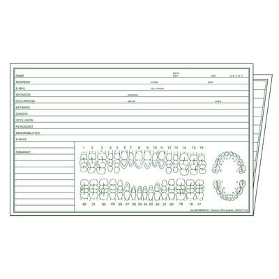 Patterson Dental Examination Forms, Full Tooth Chart, 8" W x 10" H Overall, 8" W x 5" H Folded, 2-Sided, Green Design, 100/Pkg