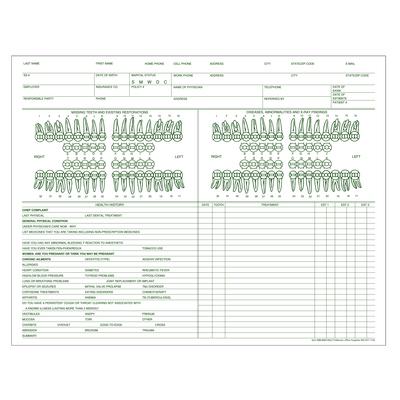 Dental Exam Forms, 11" W x 8-1/2" H, 2-Sided, Green Design, 100/Pkg, #9662