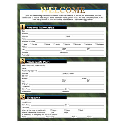 ColorForms™ Dark Green Border Patient Information Forms, 8-1/2" W x 11" H, 2-Sided, 100/Pkg