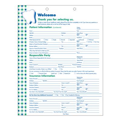 ColorForms™ Checkerboard Patient Information Form, 8-1/2" W x 11" H, 2-Sided, 2-Hole Punched, White, 100/Pkg