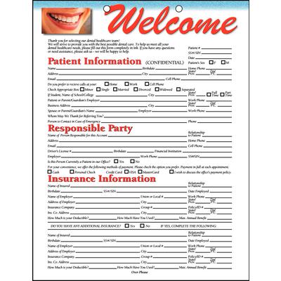 Mouth ColorForms™ Patient Information Form, 8-1/2" W x 11" H, 2-Sided, 2-Hole Punched, White, 100/Pkg