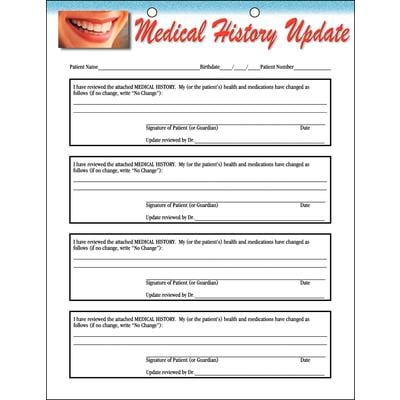 Mouth ColorForms™ Medical History Update Form, 8-1/2" W x 11" H, 2-Sided, 2-Hole Punched, White, 100/Pkg