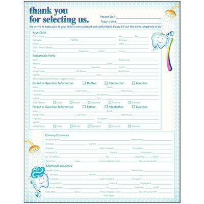 Pediatric Patient Information Tooth Shower ColorForms™ Form, 2-Sided, Full Color, 8-1/2" x 11", 2-Hole Punched, 100/Pkg