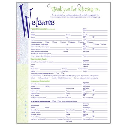 ColorForms™ Colorblocks Patient Information Forms, 8-1/2" W x 11" H, 2-Sided, 2-Hole Punched, White, 100/Pkg