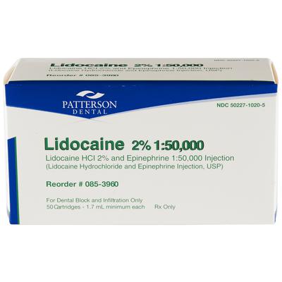 Patterson® Lidocaine HCl 2% with Epinephrine 1:50,000 Dental Anesthetic Cartridges, 1.7 ml, 50/Pkg, NDC 50227-1020-05