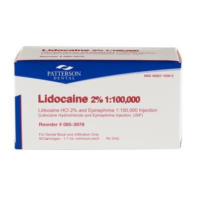 Patterson® Lidocaine HCl 2% with Epinephrine 1:100,000, 1.7 ml Dental Cartridges, 50/Pkg (NDC 50227-1030-05)