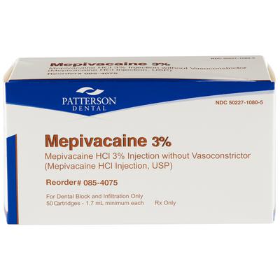 Patterson Mepivacaine 3% HCl Injection without Vasoconstrictor, Latex-Free Dental Cartridge, 1.7 mL, 50/Pkg, NDC 50227-1080-05