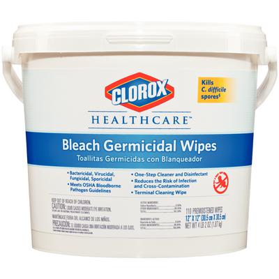 Clorox Germicidal Wipes, 12" x 12", 110 Wipes per Bucket, Sodium Hypochlorite 0.55%