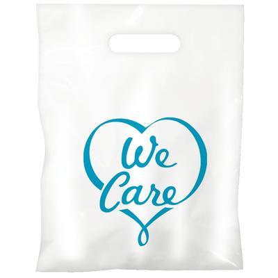 Economy Supply Bags, 9" W x 13" H, White with Process Blue 'We Care' Design, 100/Pkg