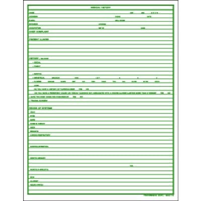 Medical History/Physical Exam Form, 2-Sided, Head to Head, 8-1/2" W x 11" H, 60 lb Offset Stock, Green Design, 100/Pkg