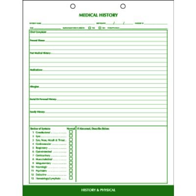 Medical History/Physical Exam Form, 60 lb Offset Stock, 8-1/2" W x 11" H, 2-Sided, Head to Tail, Green Design, 100/Pkg