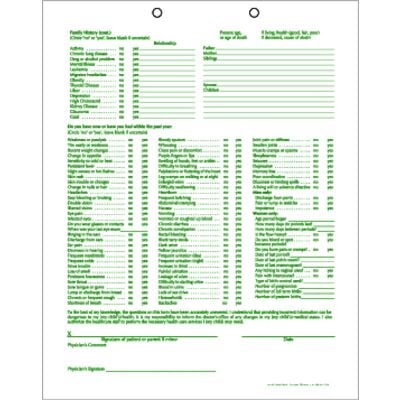Health History Questionnaire Form, 8-1/2" x 11", 2-Sided, 2-Hole Punched, 100/Pkg