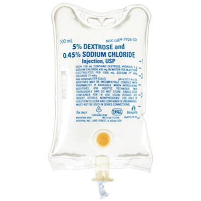 ICU Medical Dextrose 5% and 0.45% Sodium Chloride Injection USP, 500 ml Flexible Container, NDC 00409-7926-03