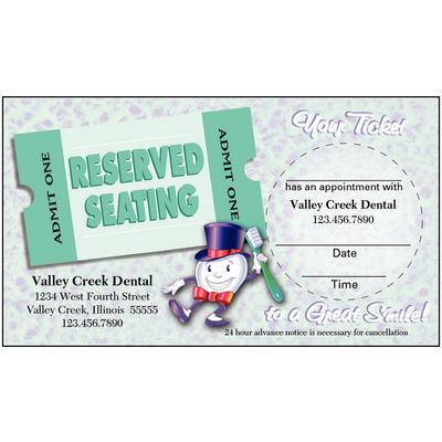 Sticker Appointment Card, Dancing Tooth Reserved Seating, 3-1/2" W x 2" H, 500/Pkg