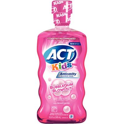 ACT Kids Anticavity Fluoride Rinse, Alcohol-Free, Bubble Gum Blowout, 16.9 oz Bottle, 6/Pkg