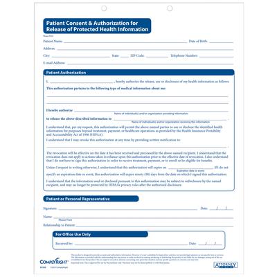 ComplyRight HIPAA Forms, 8-1/2" W x 11" H, Patient Consent & Authorization for Release of PHI, 200/Pkg