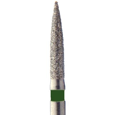 Meisinger Singles Disposable Diamond Bur, FG, Flame, Coarse, Green Ring, #1512.6CS, 1.2 mm Diameter, 6.0 mm Length, 25/Pkg