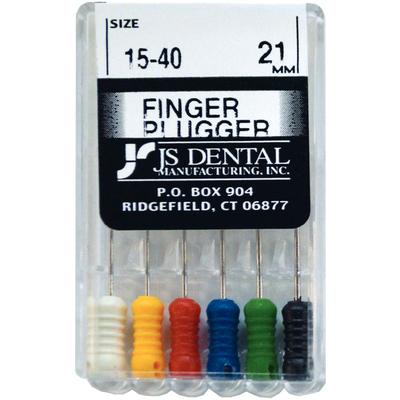 JS Dental Finger Pluggers, Stainless Steel, ISO Color-Coded Plastic Handle, 21 mm, Assorted Sizes 15-40, 6/Pkg