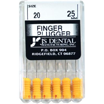 JS Dental Finger Pluggers, Stainless Steel, ISO Color-Coded Plastic Handle, 25 mm, Size 20, 6/Pkg