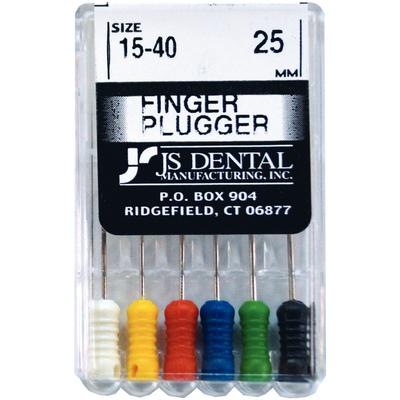 JS Dental Finger Pluggers, Stainless Steel, ISO Color-Coded Plastic Handle, 25 mm, Assorted Sizes 15-40, 6/Pkg