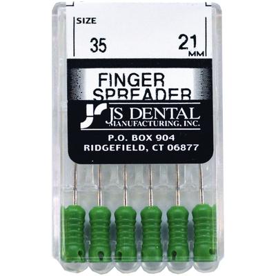 JS Dental Finger Spreaders, Stainless Steel, ISO Color-Coded Plastic Handle, 21 mm, Size 35, 6/Pkg