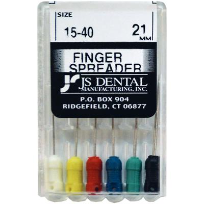 JS Dental Finger Spreaders, Stainless Steel, ISO Color-Coded Plastic Handle, 21 mm, Assorted Sizes 15-40, 6/Pkg