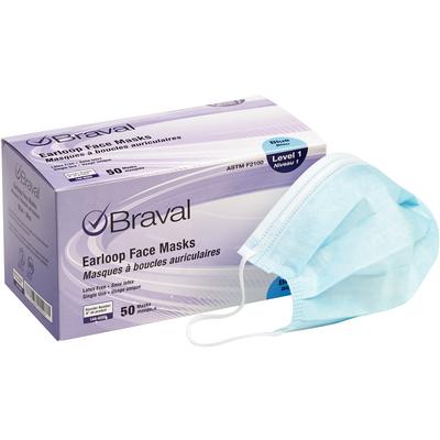 Braval Earloop Face Masks, Latex Free, ASTM Level 1, Fluid-Resistant, Blue, 50/Pkg, 10 Pkg/Case