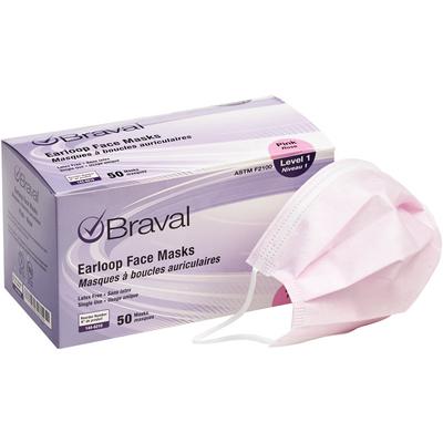 Braval Earloop Face Masks, Latex Free, ASTM Level 1, Fluid-Resistant, Pink, 50/Pkg, 10 Pkg/Case