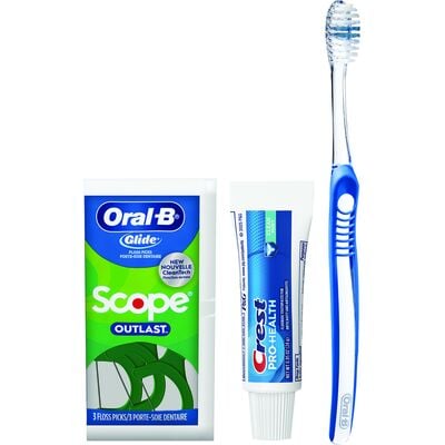 Crest Oral-B Basic Adult Solutions Manual Toothbrush Bundle with Crest Clean Mint Toothpaste, 144 Bundles (Each: 1 Toothbrush, 1 Toothpaste, 3 Floss Picks)
