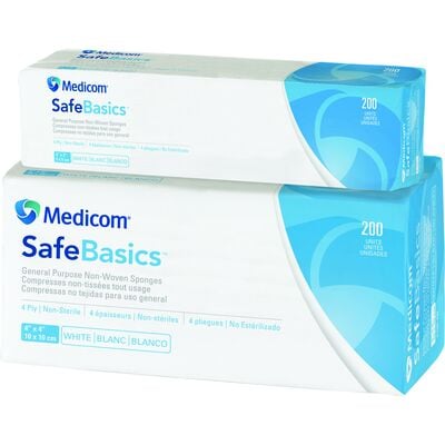 Medicom SafeBasics General Purpose Non-Woven Sponges, 4" x 4", 4-Ply, Nonsterile, 200/Pkg