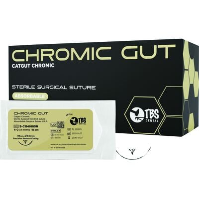 TBS Dental Chromic Gut Suture, USP 4-0, 18", Premium Reverse Cutting 3/8 Circle 19 mm Needle, 12/Pkg