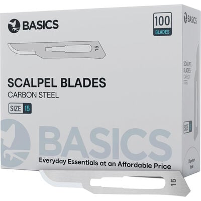 TBS BASICS Surgical Blades, Size 15, Sterile, Carbon Steel, 100/Box