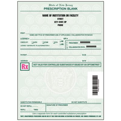 New Jersey Prescription Blanks – 1 Part, Personalized, 4" W x 5-1/2" H, 100 Sheets/Pad, 5 Pads/Pkg - Health Care Facility