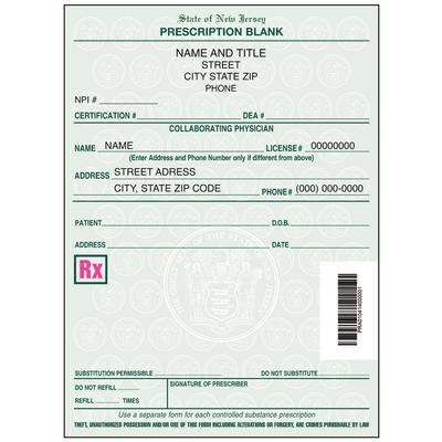 New Jersey Prescription Blanks – 1 Part, Personalized, 4" W x 5-1/2" H, 100 Sheets/Pad, 5 Pads/Pkg - Nurse Practitioner / Clinical Nurse Specialist