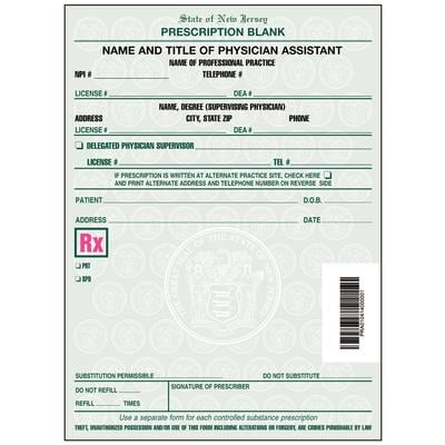 New Jersey Prescription Blanks, 2-Part Carbonless, Personalized, 4" W x 5-1/2" H, 100 Sets/Pad, 5 Pads/Pkg - Physician Assistant