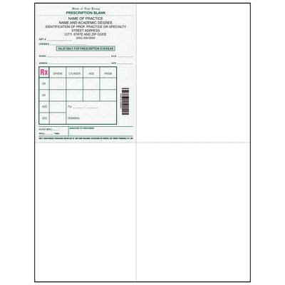 New Jersey Laser Prescription Blanks – Personalized, Health Care Facility, Nurse Practitioner, Optometric, Eyewear, Physician Assistant, Midwife, 4" W x 5-1/2" H (Rx), 8-1/2" W x 11" H (Overall), 1000/Pkg - Eye Wear Prescription