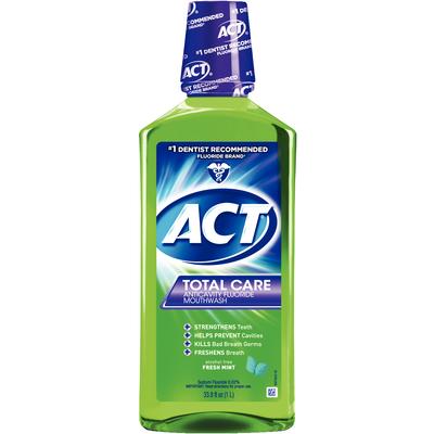ACT® Total Care Anticavity Fluoride Rinse, 33.8 oz Bottle, Fresh Mint, Alcohol Free