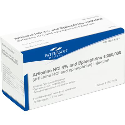 Patterson Articaine HCl 4% and Epinephrine Injection, 1:200,000, 1.7 ml Cartridges, 50/Pkg, NDC 50227-1050-05